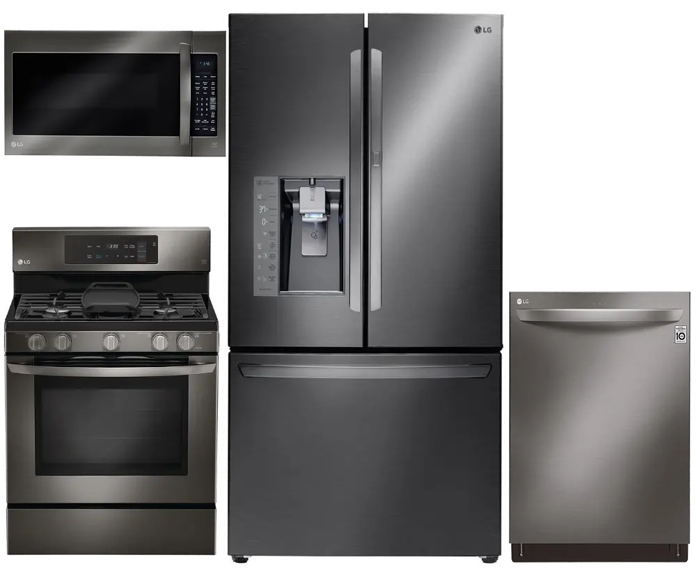 KIT LG 4 Piece Gas Kitchen Appliance Package with 29.6 cu. ft. French Door Refrigerator - Black Stainless Steel-1