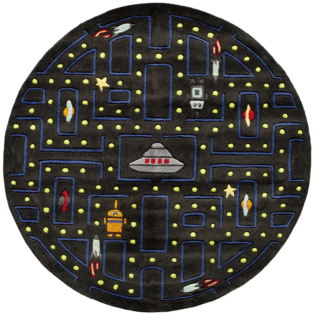 5' Round Arcade Game Black Area Rug - Whimsy-1