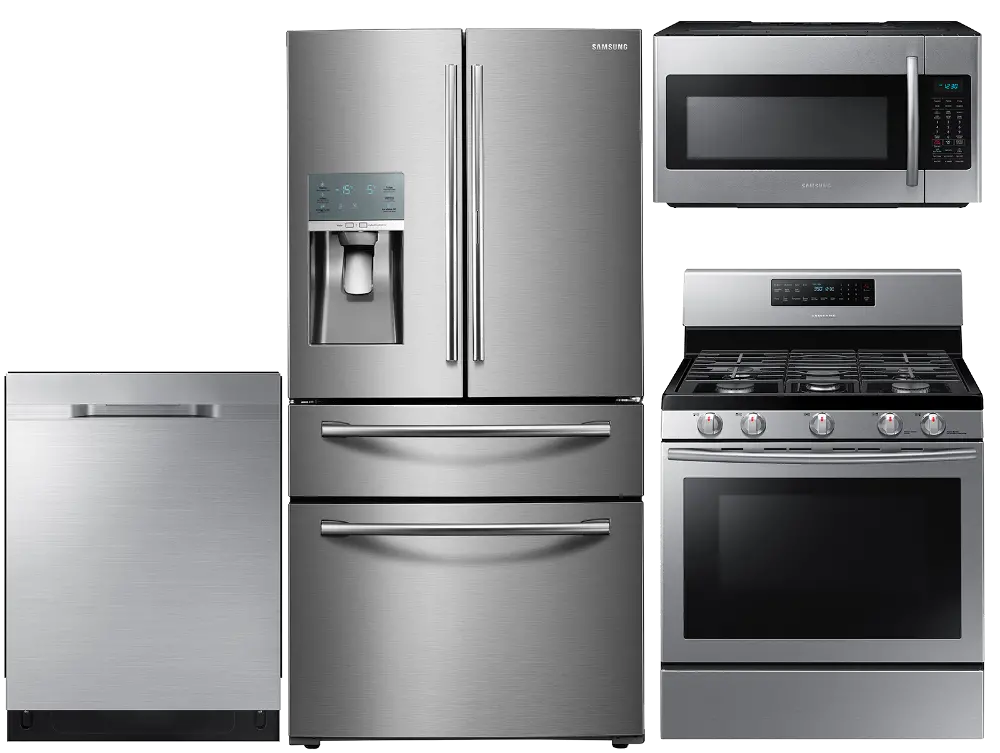 KIT Samsung 4 Piece Kitchen Appliance Package with Gas Range and 4 Door Refrigerator - Stainless Steel-1