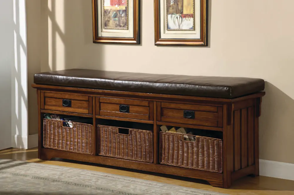 Hallway Bench with Espresso Faux Leather Cushion and 3 Baskets-1