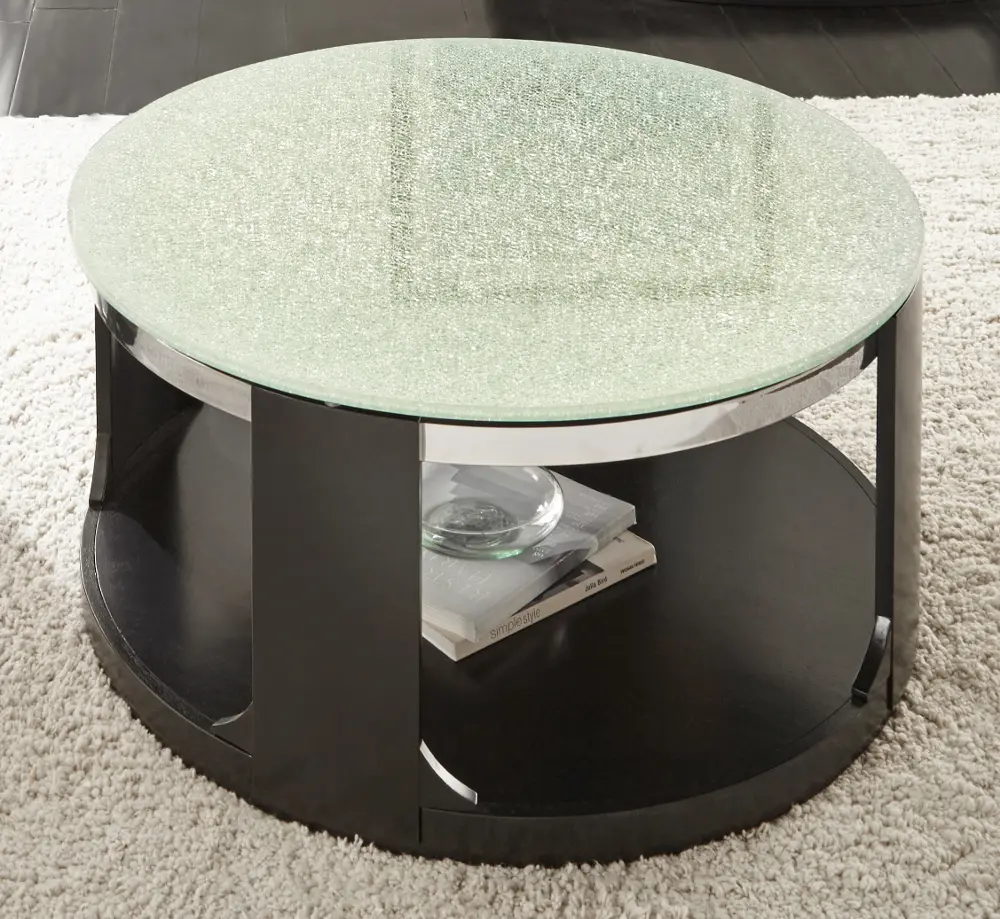 Glass Top Round Cocktail Table on Wheels - Croften-1