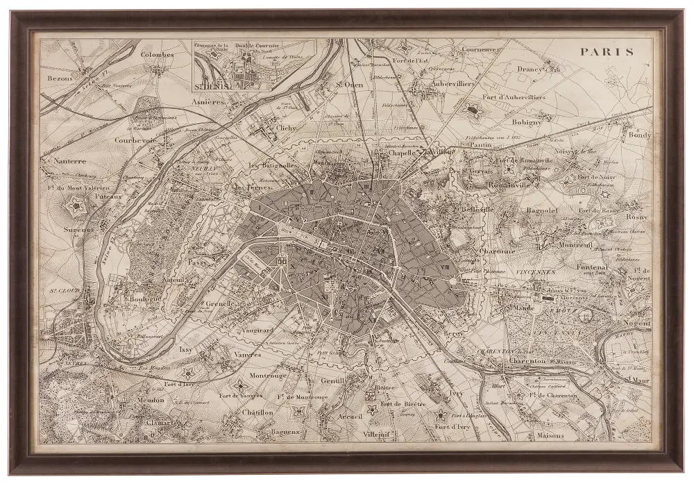 Sepia Tones Vintage Map of Paris Framed Wall Art-1