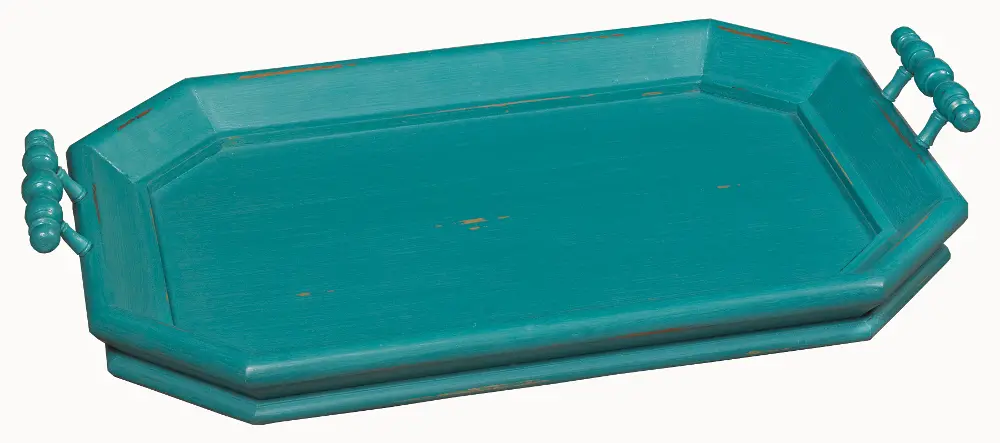 Distressed Teal Octagonal Tray with Handles-1