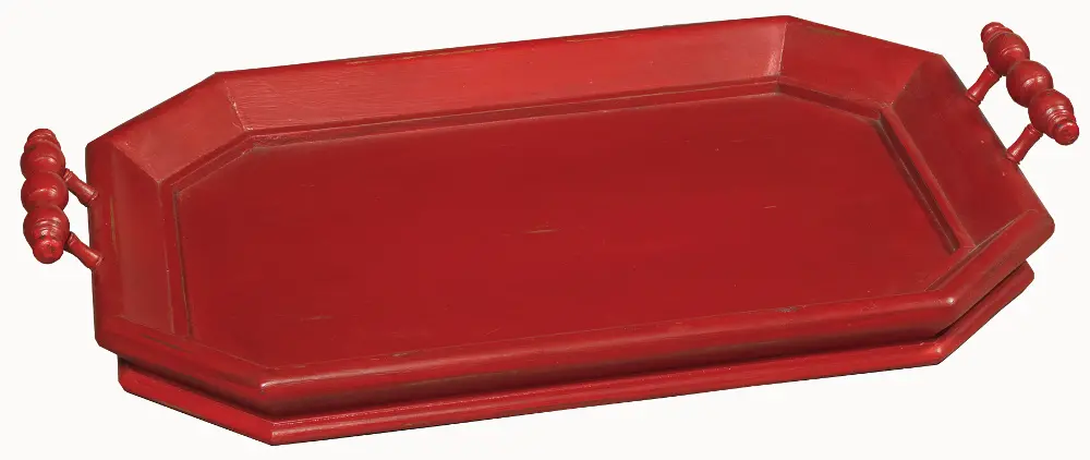 Distressed Deep Red Octagonal Tray with Handles-1