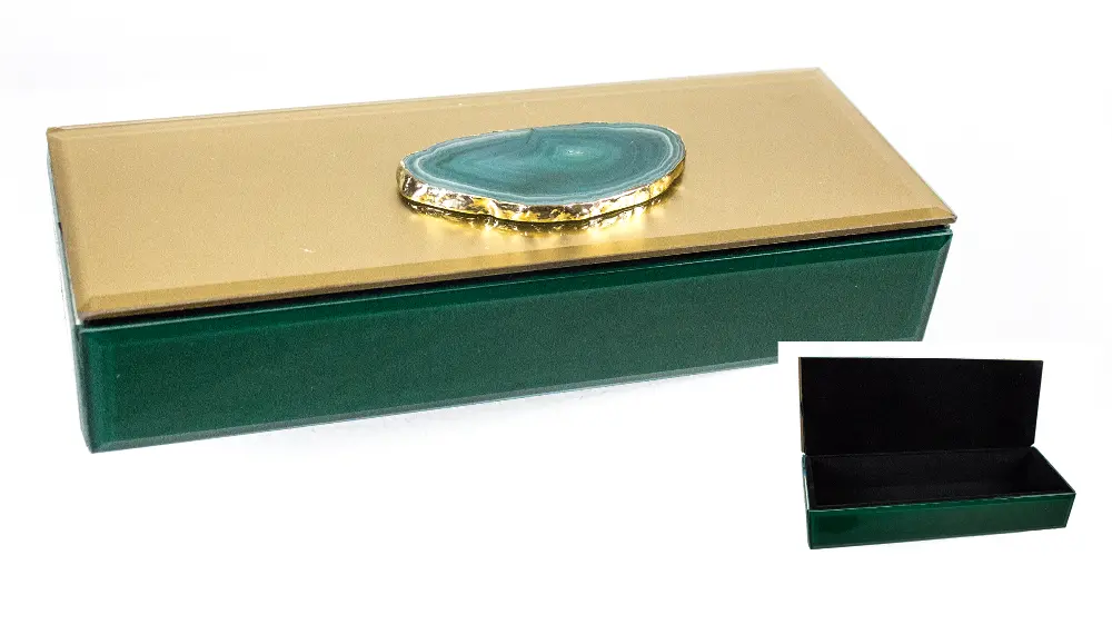 Green and Gold Wood and Glass Jewelry Box with Stone-1