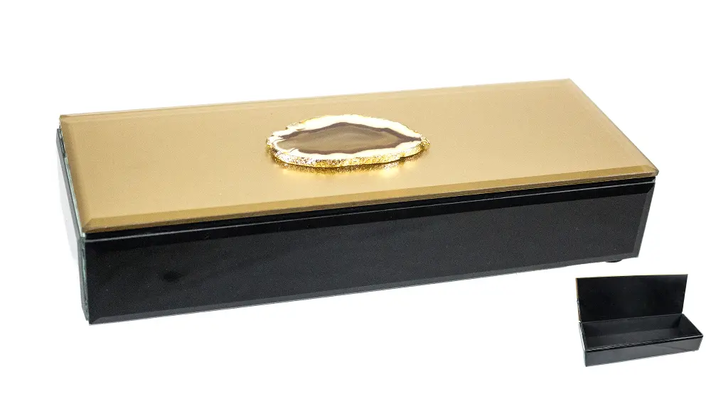 Black and Gold Wood and Glass Jewelry Box with Stone-1