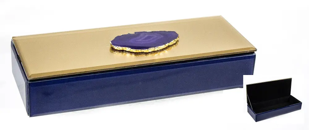 Navy and Gold Wood and Glass Jewelry Box with Stone-1