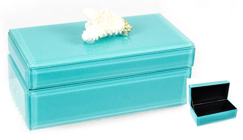 6 Inch Turquoise Wood and Glass Jewelry Box with Coral-1