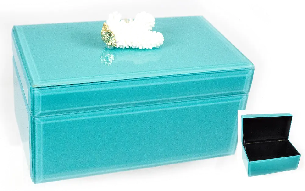 7 Inch Turquoise Wood and Glass Jewelry Box with Coral-1