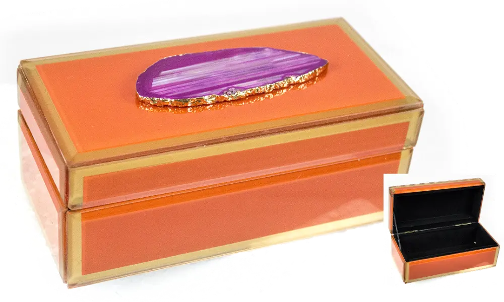 6 Inch Orange Wood and Glass Jewelry Box with Stone-1
