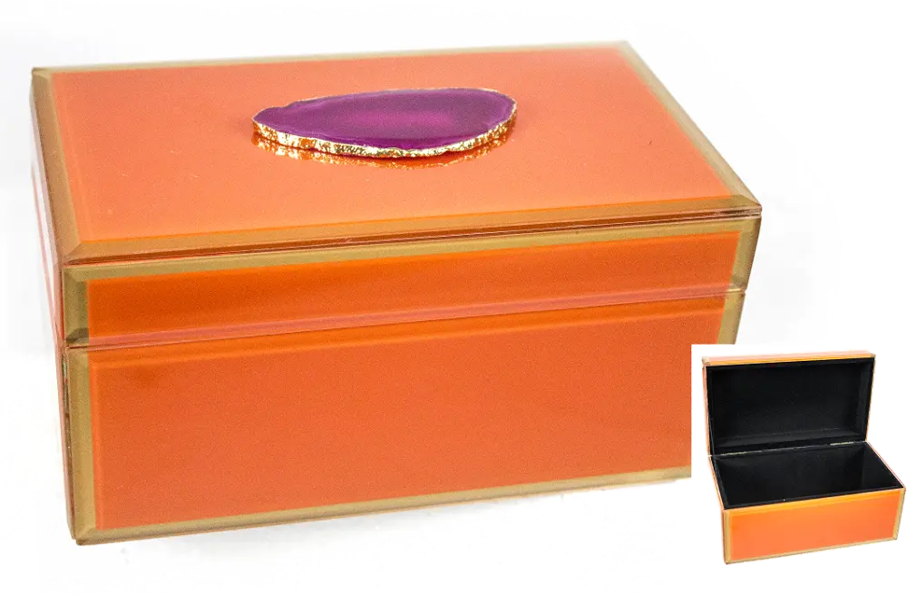 7 Inch Orange Wood and Glass Jewelry Box with Stone-1