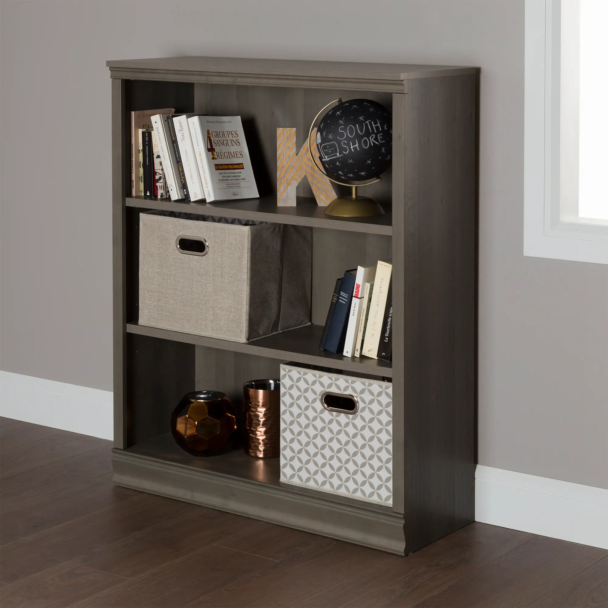 Morgan Gray Maple 3-Shelf Bookcase - South Shore