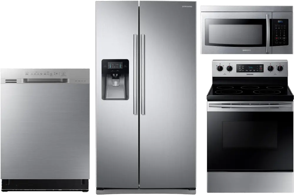 KIT Samsung 4 Piece Electric Kitchen Appliance Package with Side by Side Refrigerator - Stainless Steel-1