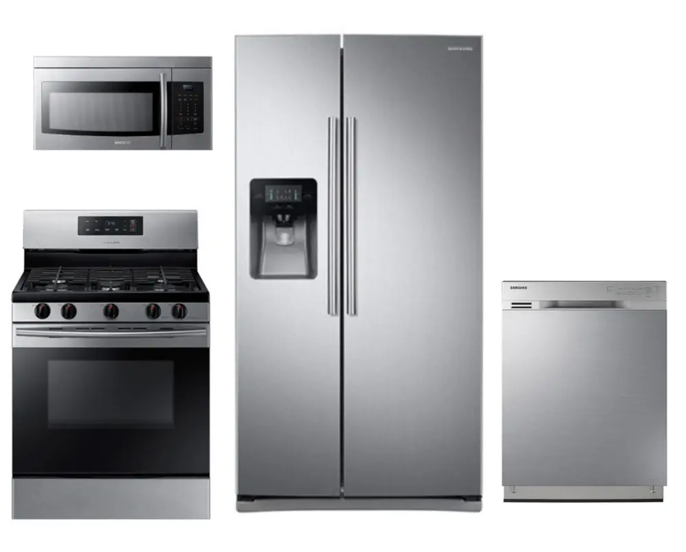 KIT Samsung 4 Piece Gas Kitchen Appliance Package with Side by Side Refrigerator - Stainless Steel-1