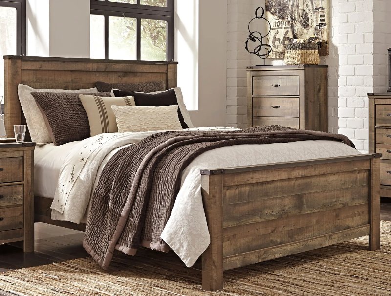 Contemporary Rustic Oak Queen Bed, Rustic Wooden Queen Bed Frame