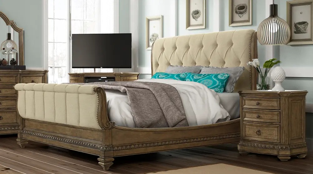 Pecan Upholstered King Sleigh Bed - Touraine -1
