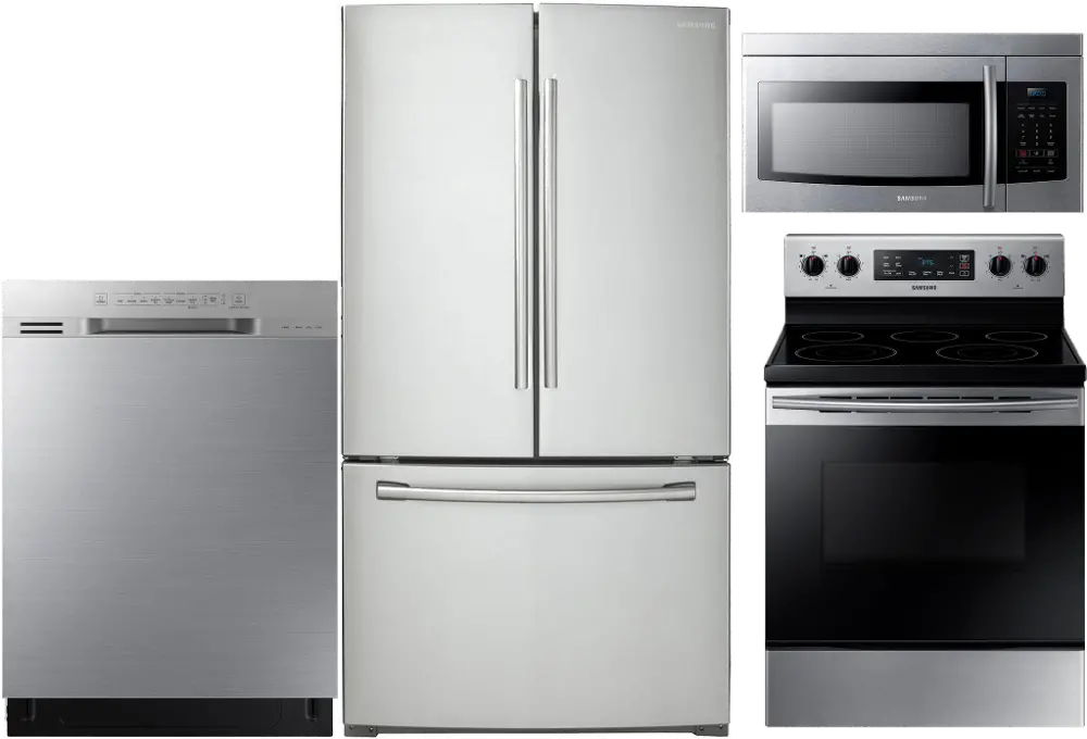 KIT Samsung 4 Piece Electric Kitchen Appliance Package with French Door Refrigerator - Stainless Steel-1