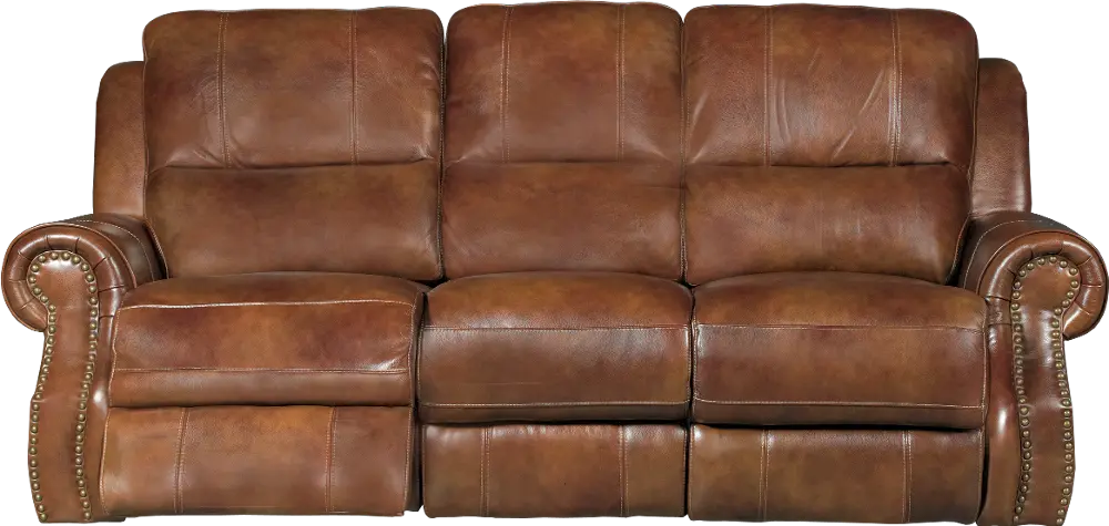 Chestnut Brown Leather-Match Power Reclining Sofa - Nailhead-1