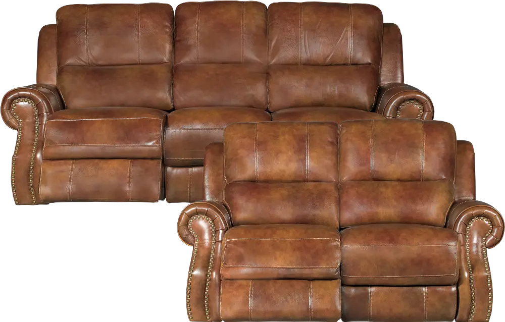 Brown Leather-Match Power Reclining Living Room Set - Nailhead-1