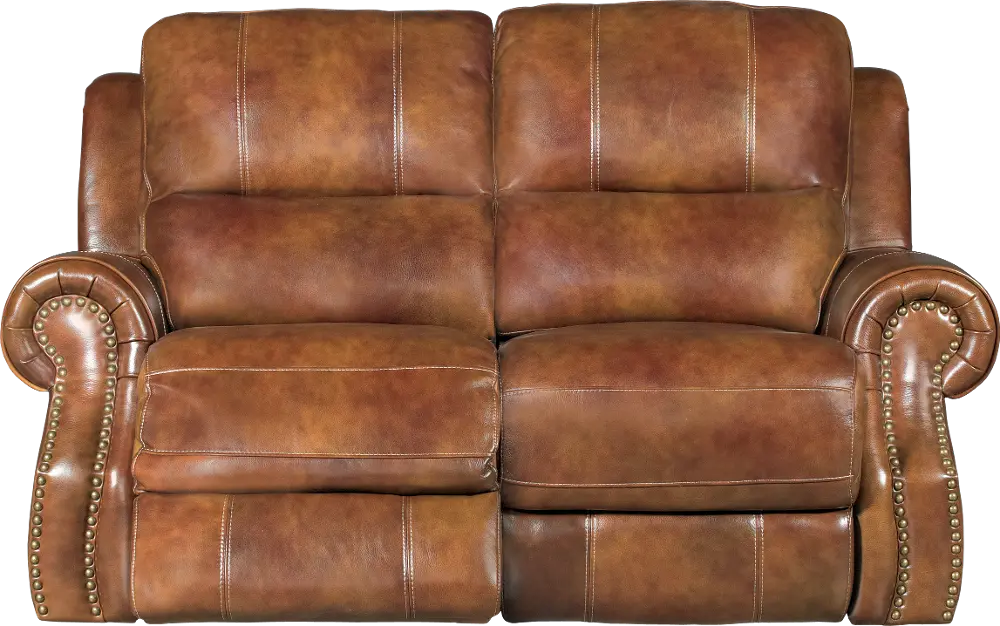 Chestnut Brown Leather-Match Manual Reclining Loveseat - Nailhead-1
