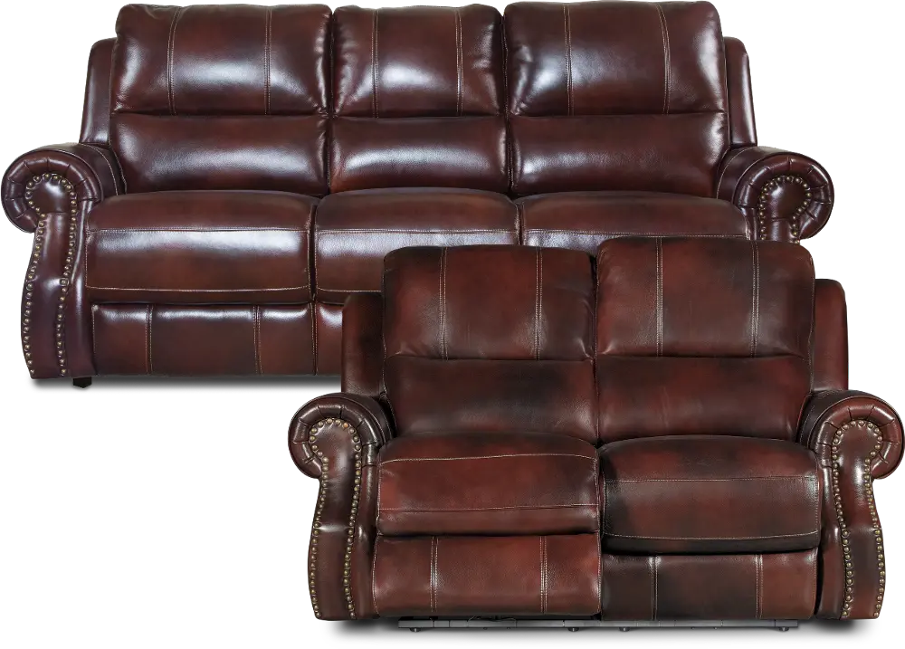Auburn Leather-Match Power Reclining Living Room Set - Nailhead-1
