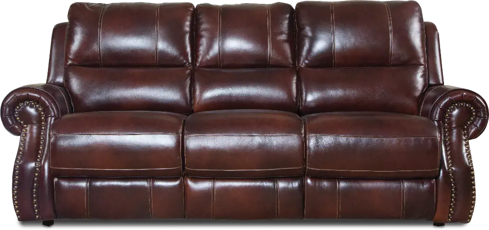 Auburn Leather-Match Manual Reclining Sofa - Nailhead-1