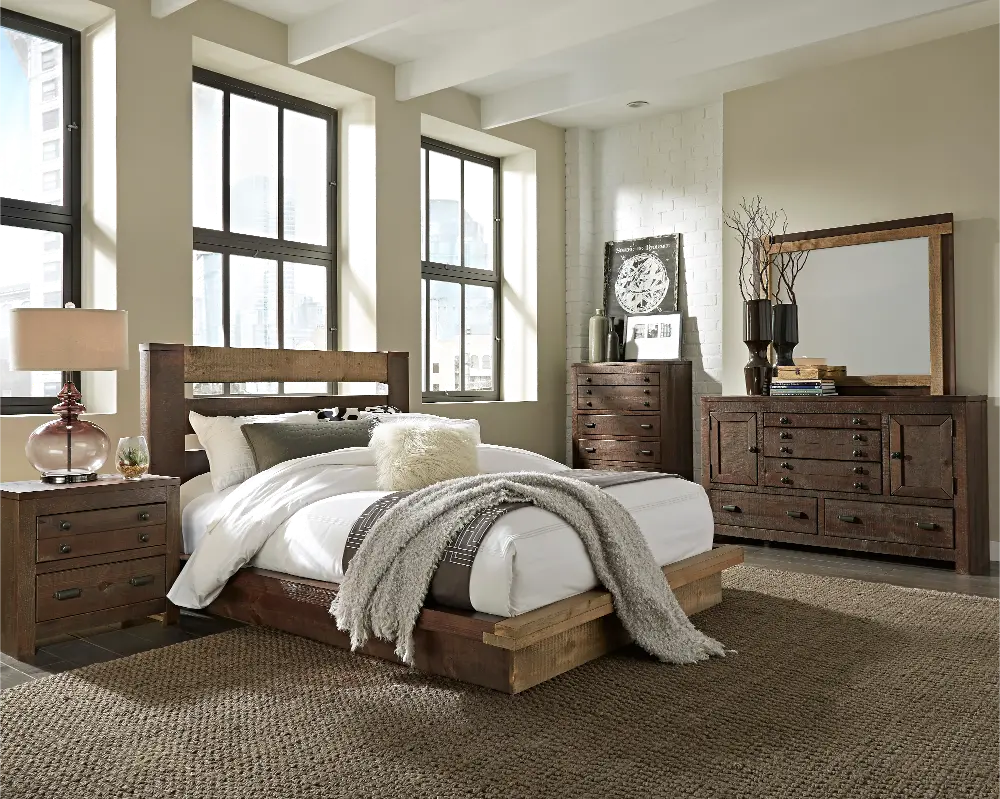 Dark Pine Rustic Contemporary 5 Piece Queen Bedroom Set - Trilogy-1
