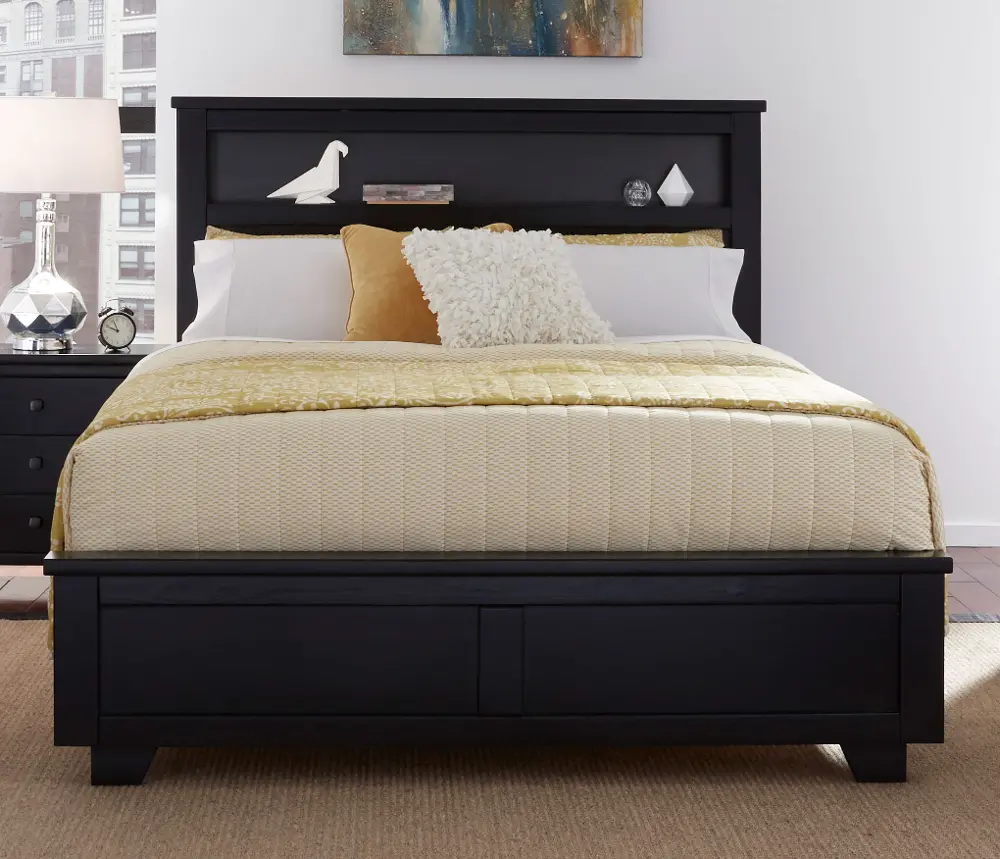 Black Contemporary Queen Storage Bed with Bookcase - Diego-1