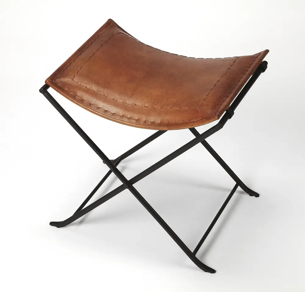 Brown Leather Stool with Iron Base-1
