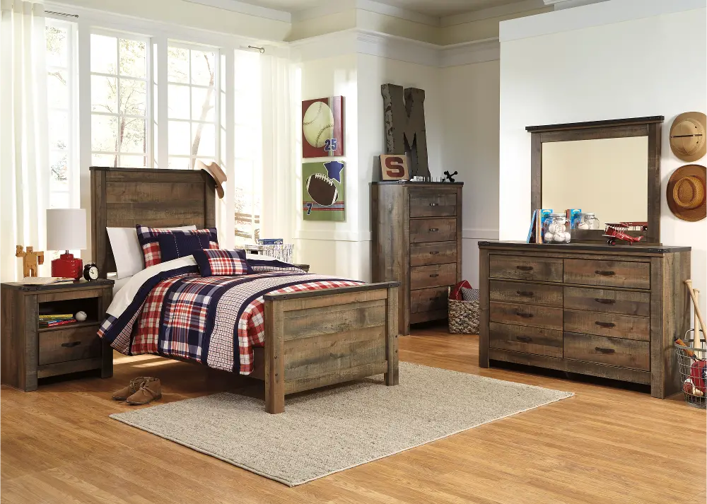 Contemporary Rustic Oak 4 Piece Twin Bedroom Set - Trinell-1