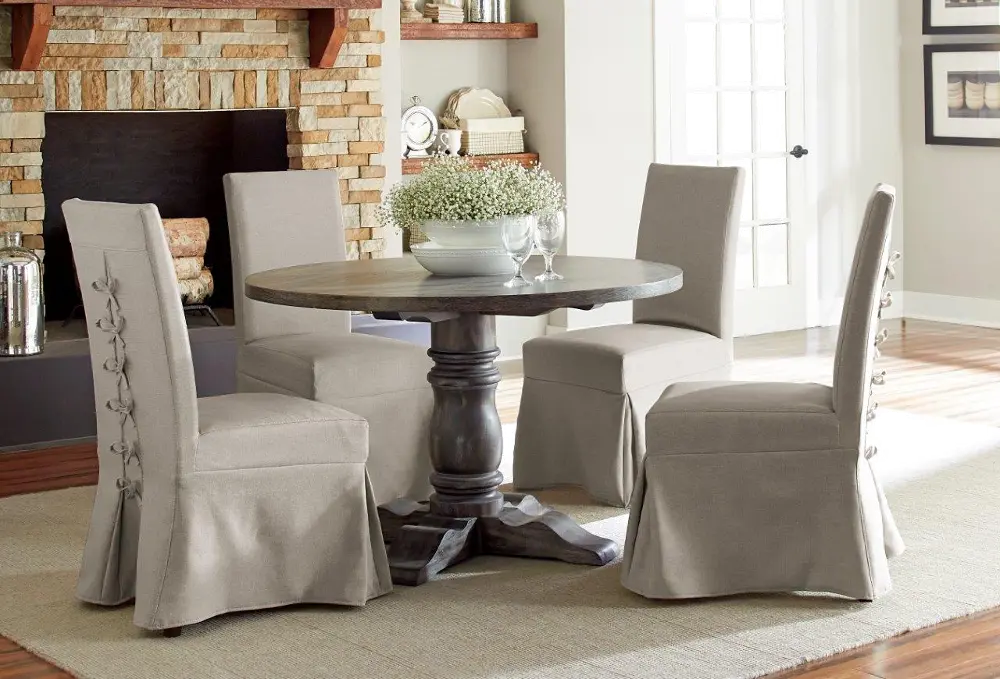 5 Piece Round Dining Set - Muses Dove Gray with Parsons Chairs-1