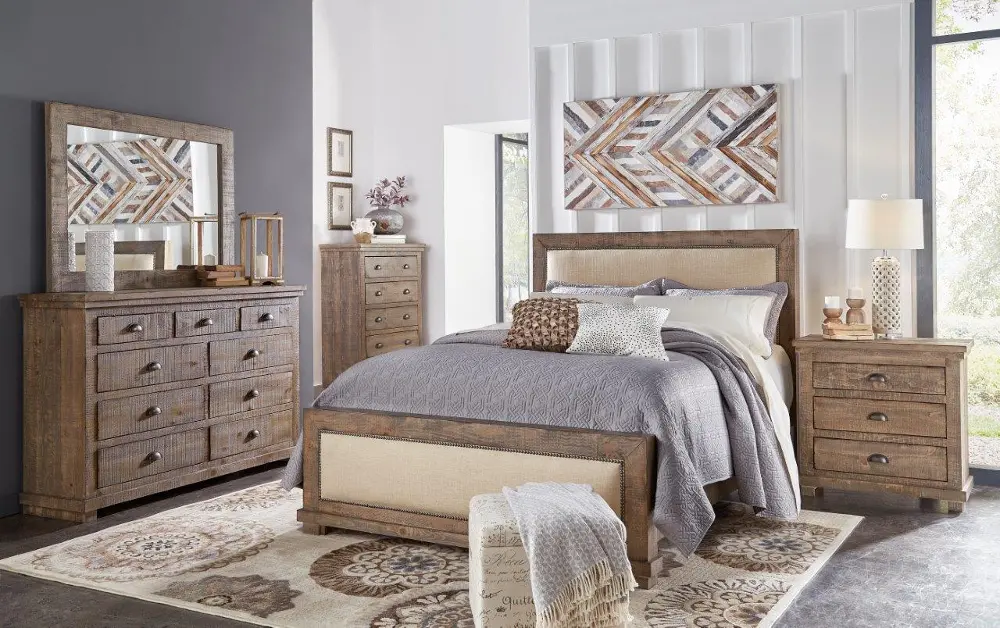 Willow Pine & Gray Casual Rustic Upholstered King Bed-1
