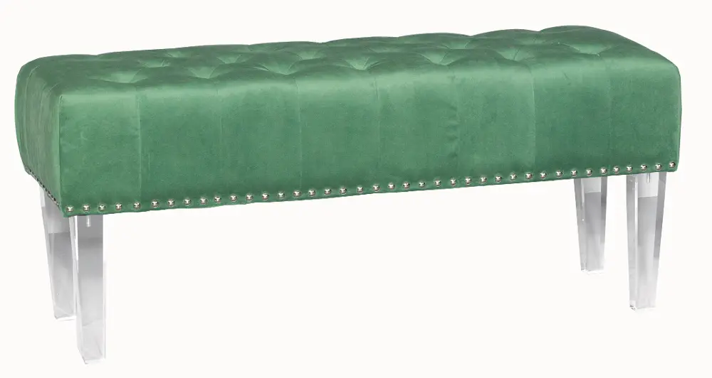 Emerald Green Velvet Tufted Bench with Acrylic Legs-1