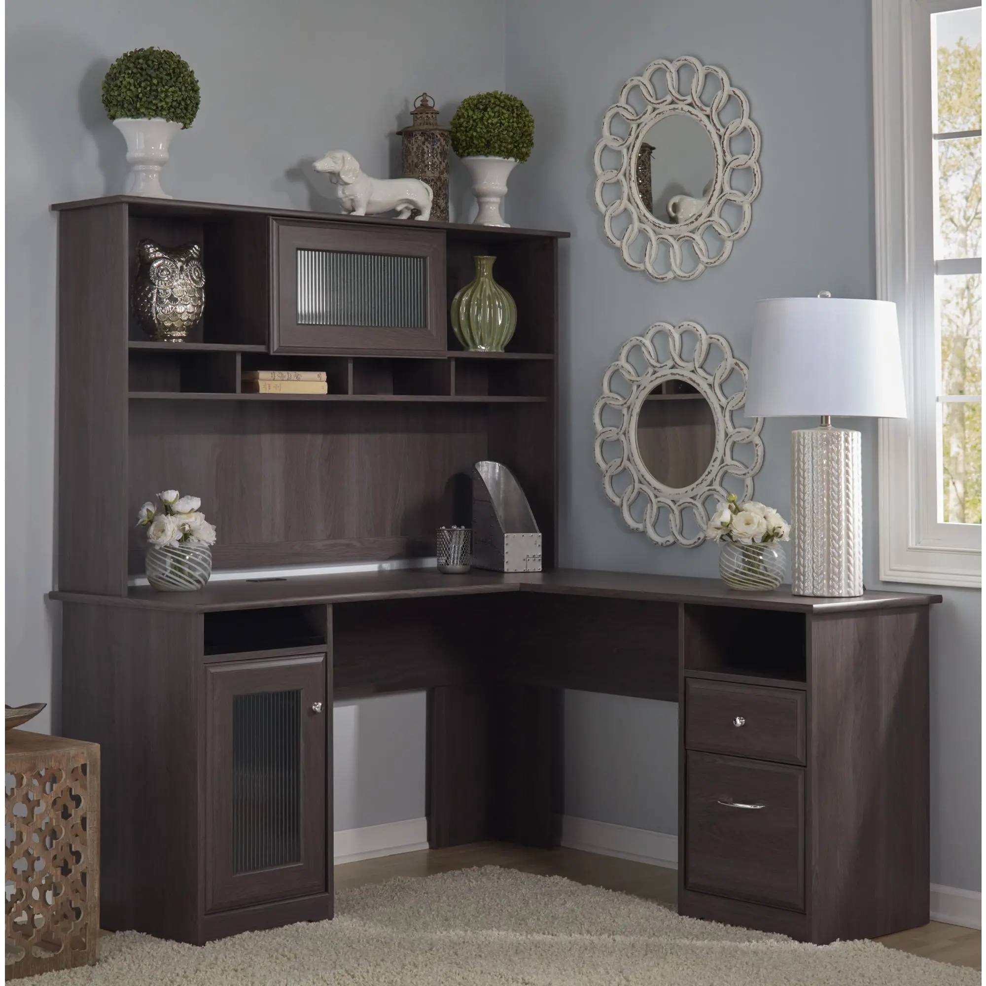 Cabot Heather Gray L-Shaped Desk with Hutch - Bush Furniture