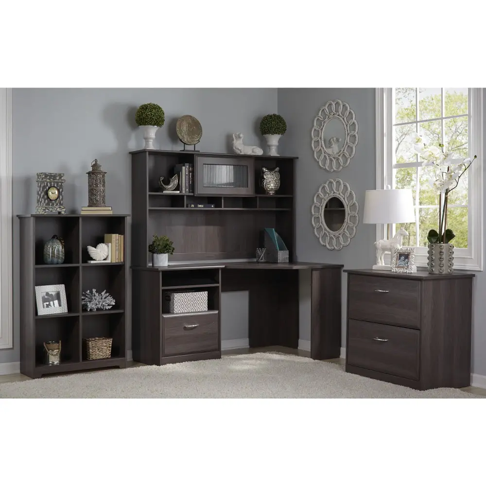 CAB002HRG Heather Gray Corner Desk with Hutch, Lateral File, Bookcase - Cabot -1