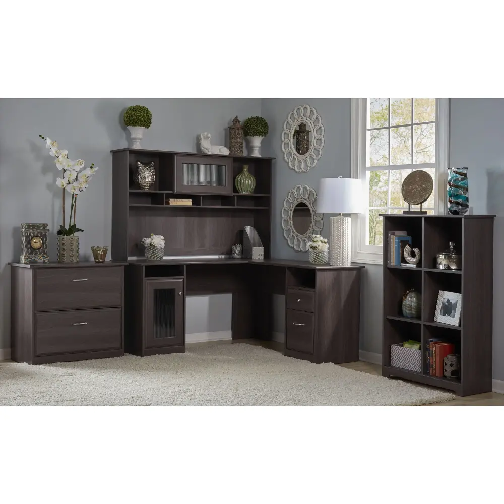 CAB003HRG Heather Gray L-Desk with Hutch, Lateral File, Bookcase - Cabot -1