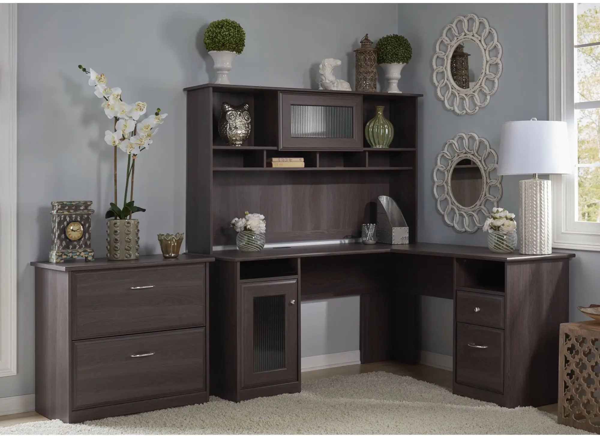 Cabot Heather Gray L-Desk with Hutch and Lateral File - Bush Furniture