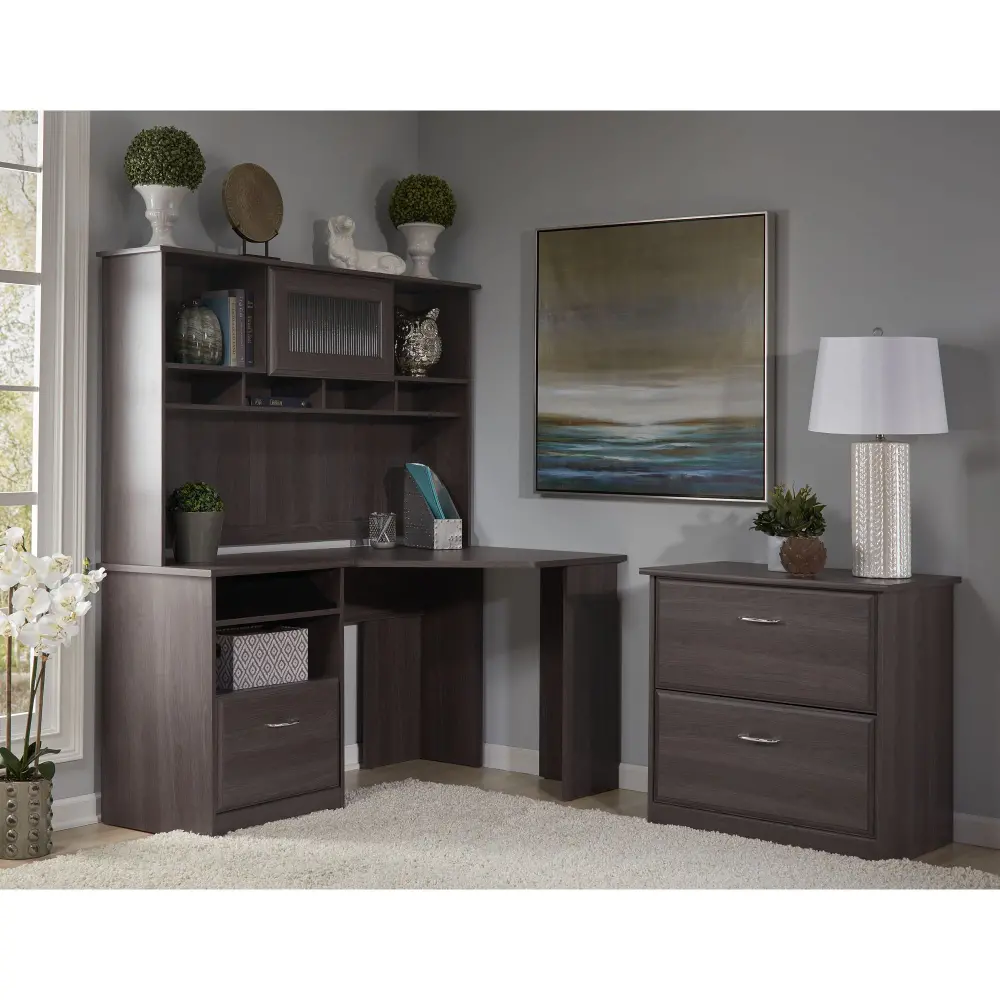 CAB007HRG Heather Gray Corner Desk with Hutch, Lateral File - Cabot -1