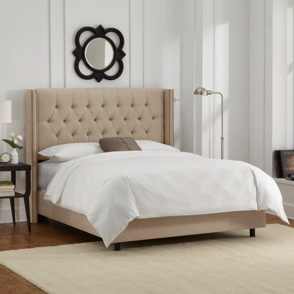 142NBBED-BRLNNSND Abigail Linen Sandstone Tufted Wingback Queen Bed - Skyline Furniture-1