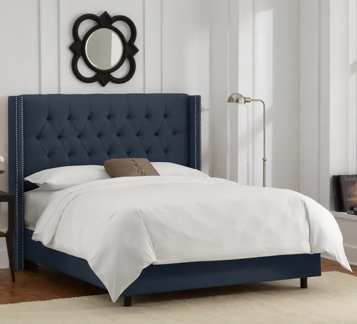 Abigail Navy Blue Diamond Tufted Wingback Full Bed - Skyline Furniture