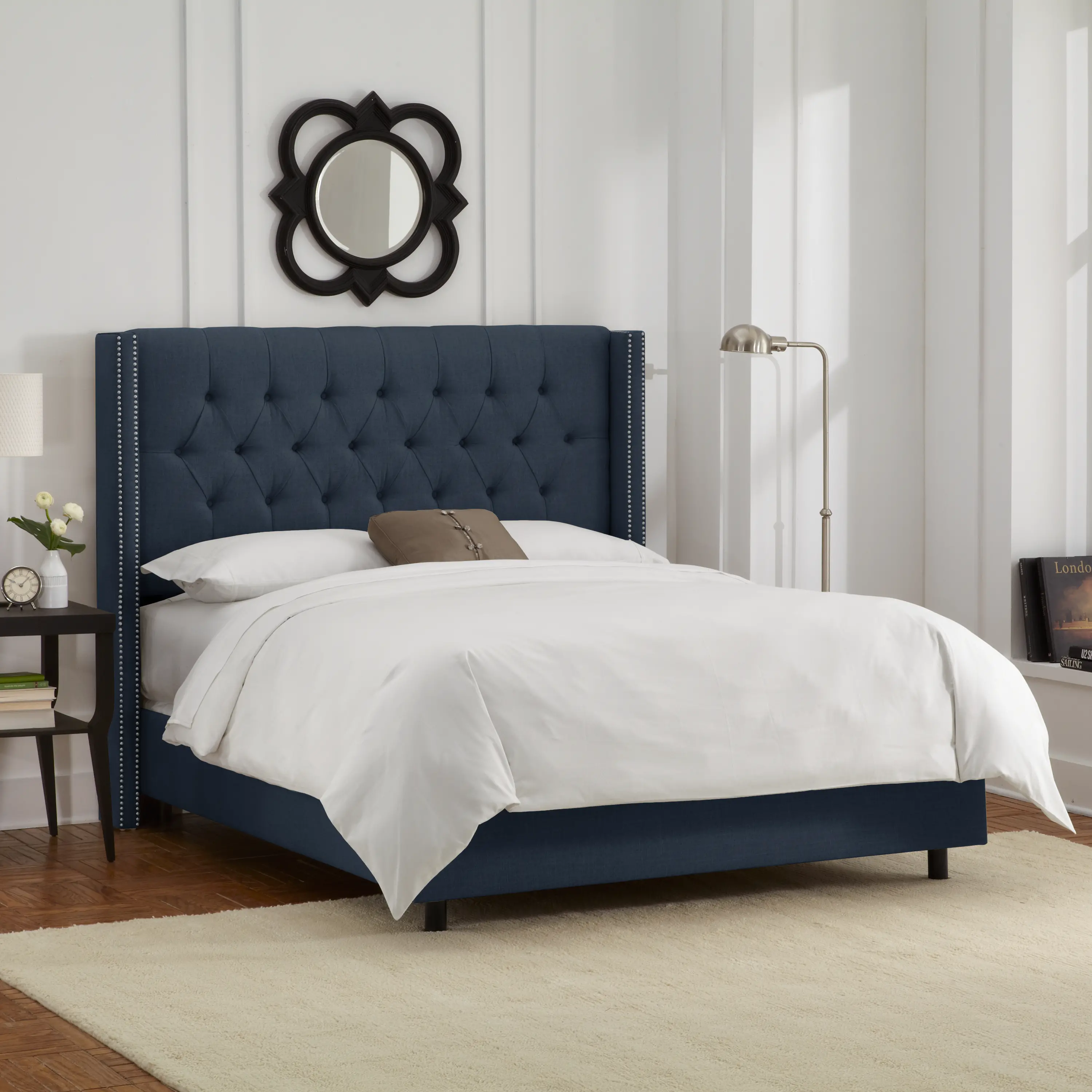 Abigail Navy Blue Diamond Tufted Wingback Queen Bed - Skyline...