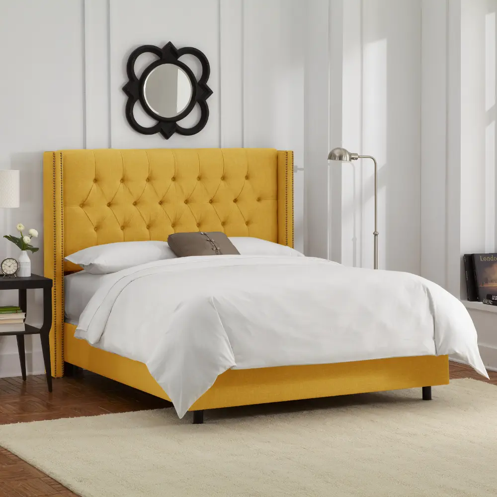 144NBBED-BRLNNFRNYLW Linen French Yellow Tufted Wingback California King Bed-1