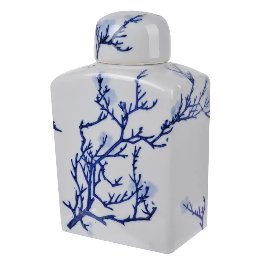Blue and White Square Floral Lidded Jar-1