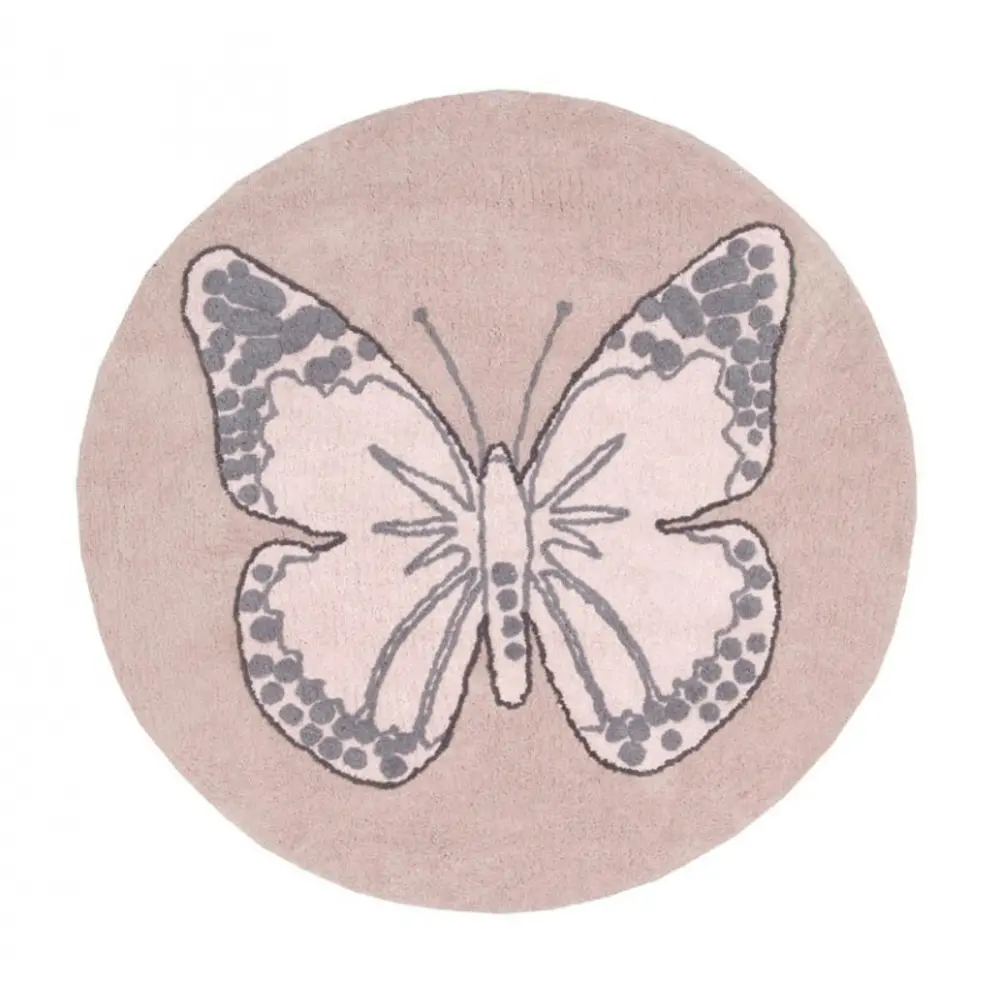 C-BUT-N 5' Round Pink Vintage Butterfly Washable Rug-1