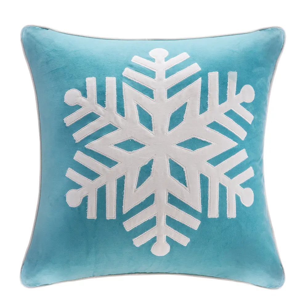 Aqua and White Velvet Snowflake Throw Pillow-1
