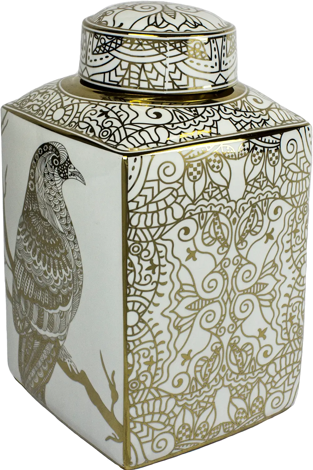 16 Inch White and Gold Mosaic Hawk Lidded Jar-1