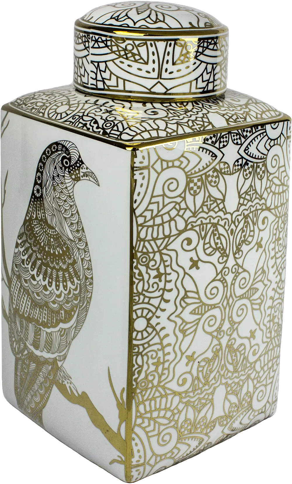 18 Inch White and Gold Mosaic Hawk Lidded Jar-1
