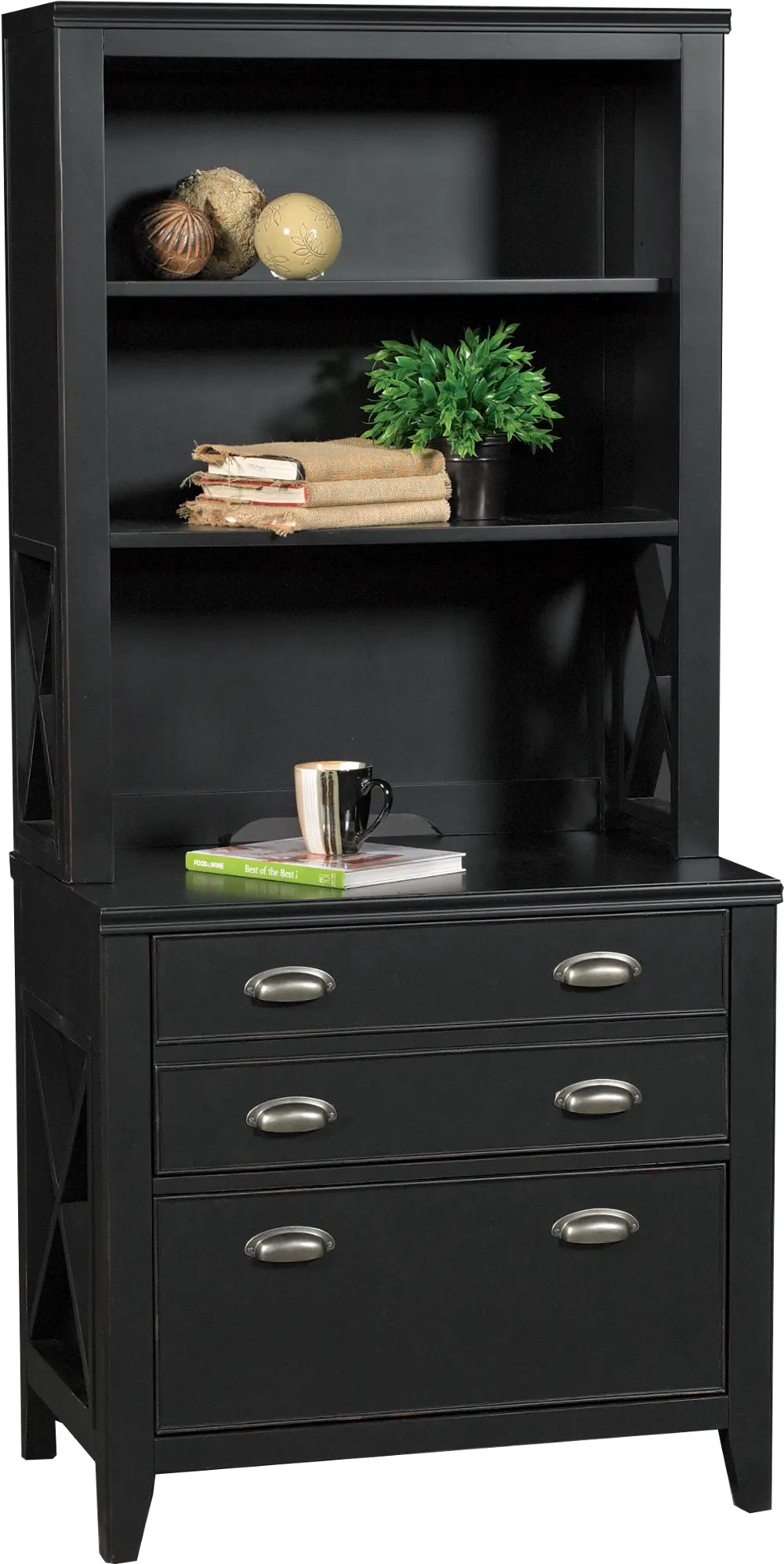 Country Black Lateral File Cabinet with Hutch-1