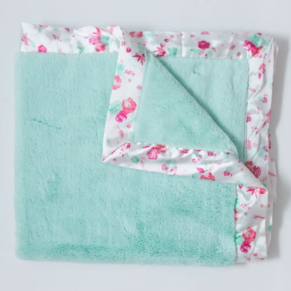 Mint Lush with Pastel Floral Satin Border Baby Blanket-1