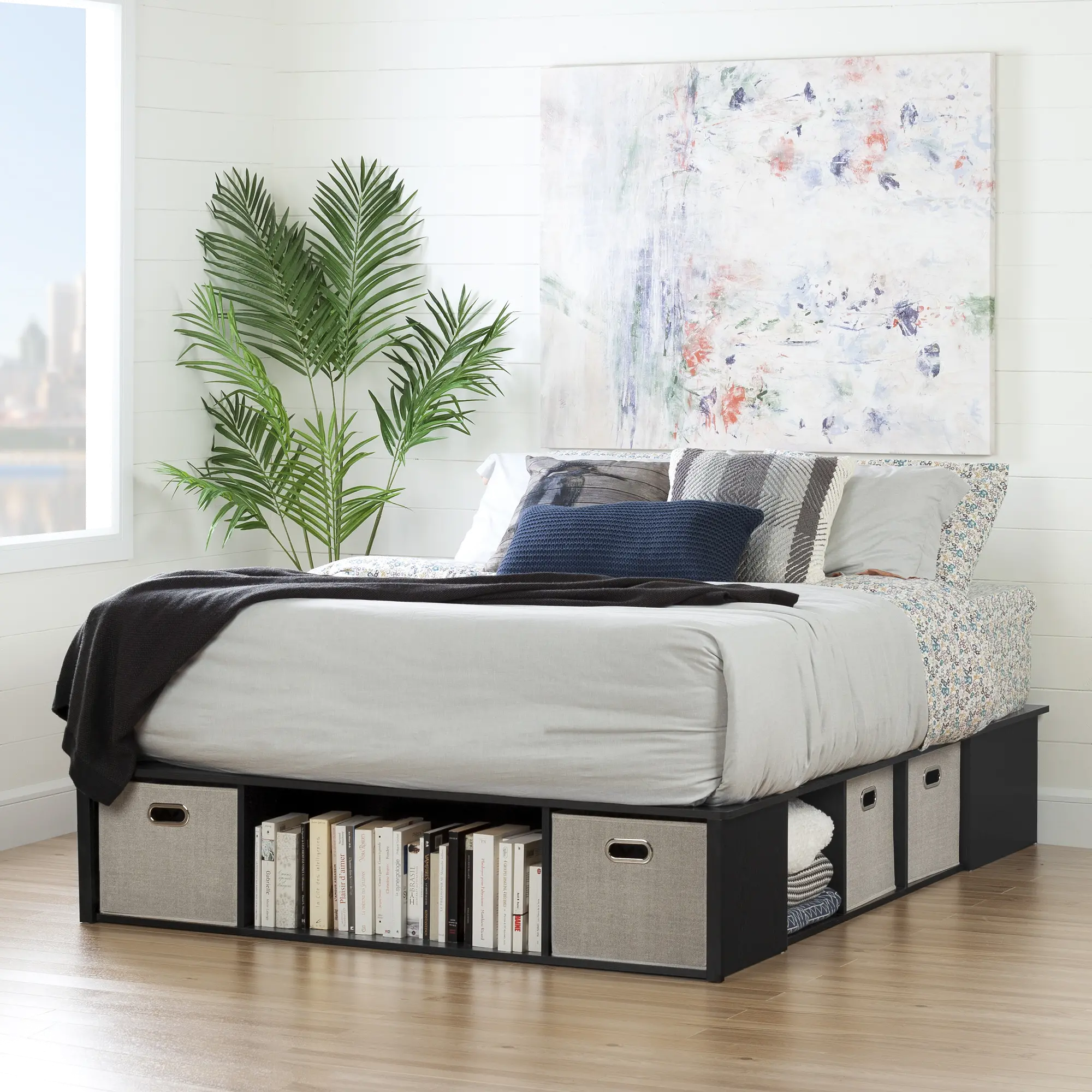 Black Oak Queen Platform Bed with Storage and Baskets - South Shore